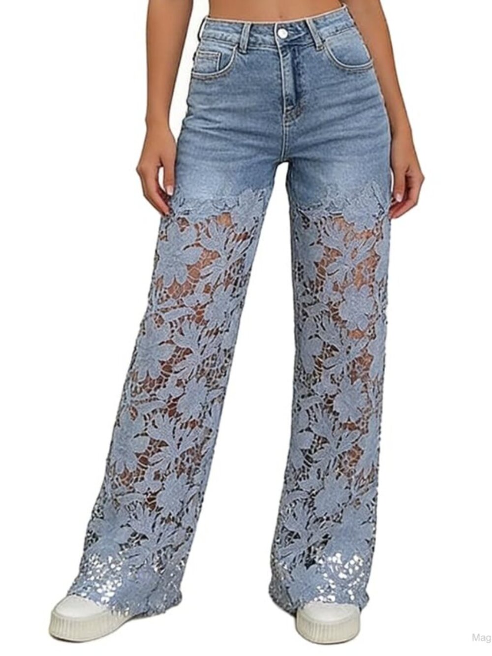 Wide Leg High Waist Jeans Floral Lace Overlay Hollow Out Mesh Denim Pants